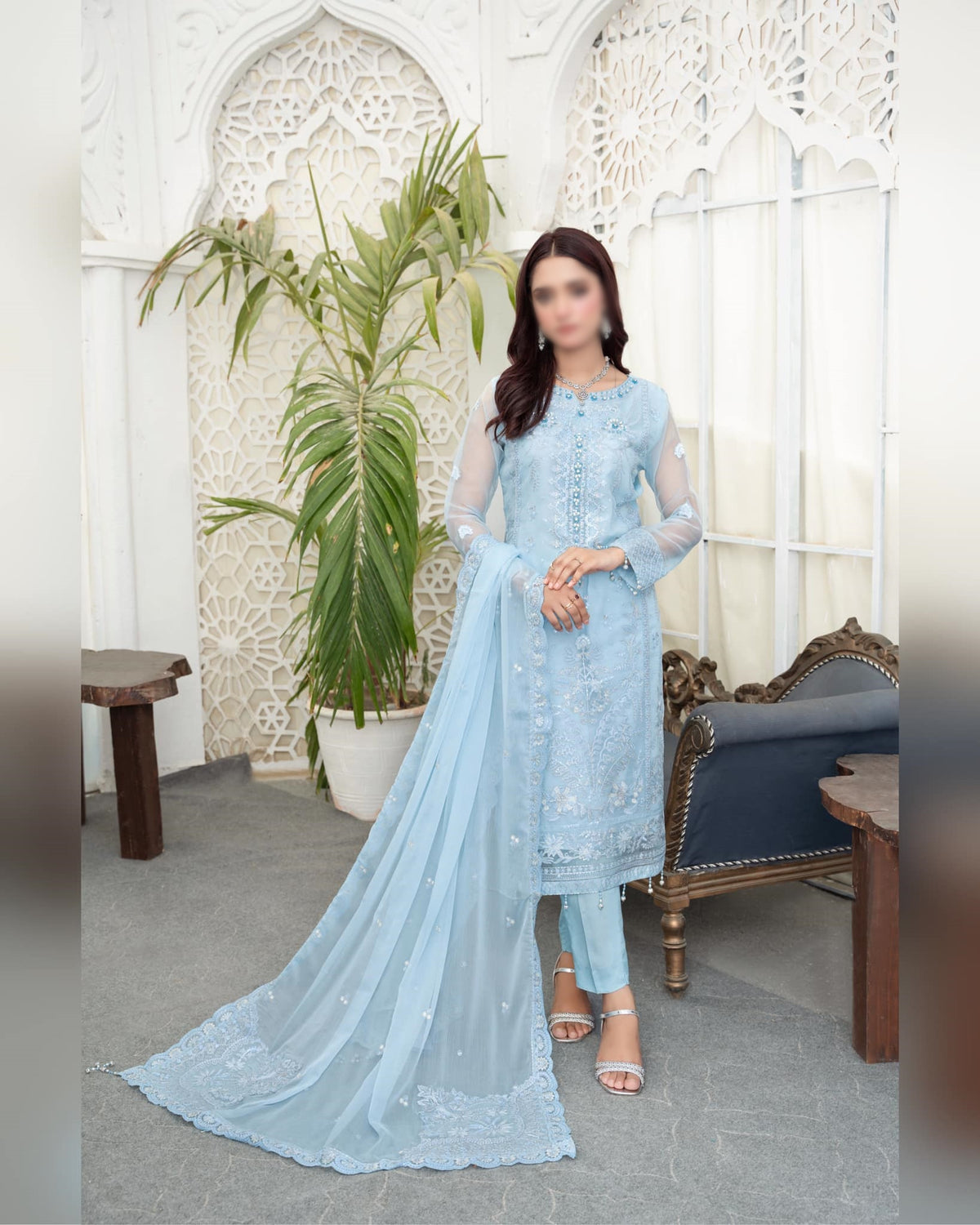 Zarlish Organza Semi Stitched Chiffon Dupatta Coll D-06 Soft Blue