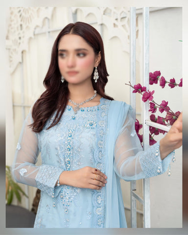 Zarlish Organza Semi Stitched Chiffon Dupatta Coll D-06 Soft Blue