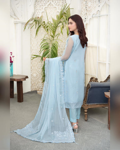 Zarlish Organza Semi Stitched Chiffon Dupatta Coll D-06 Soft Blue