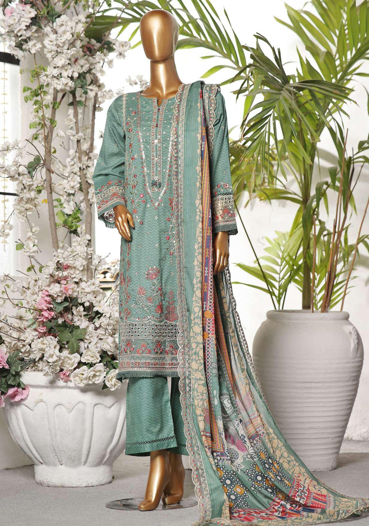 Premium Embroidered Printed Lawn Coll"24 D-1070 GREEN