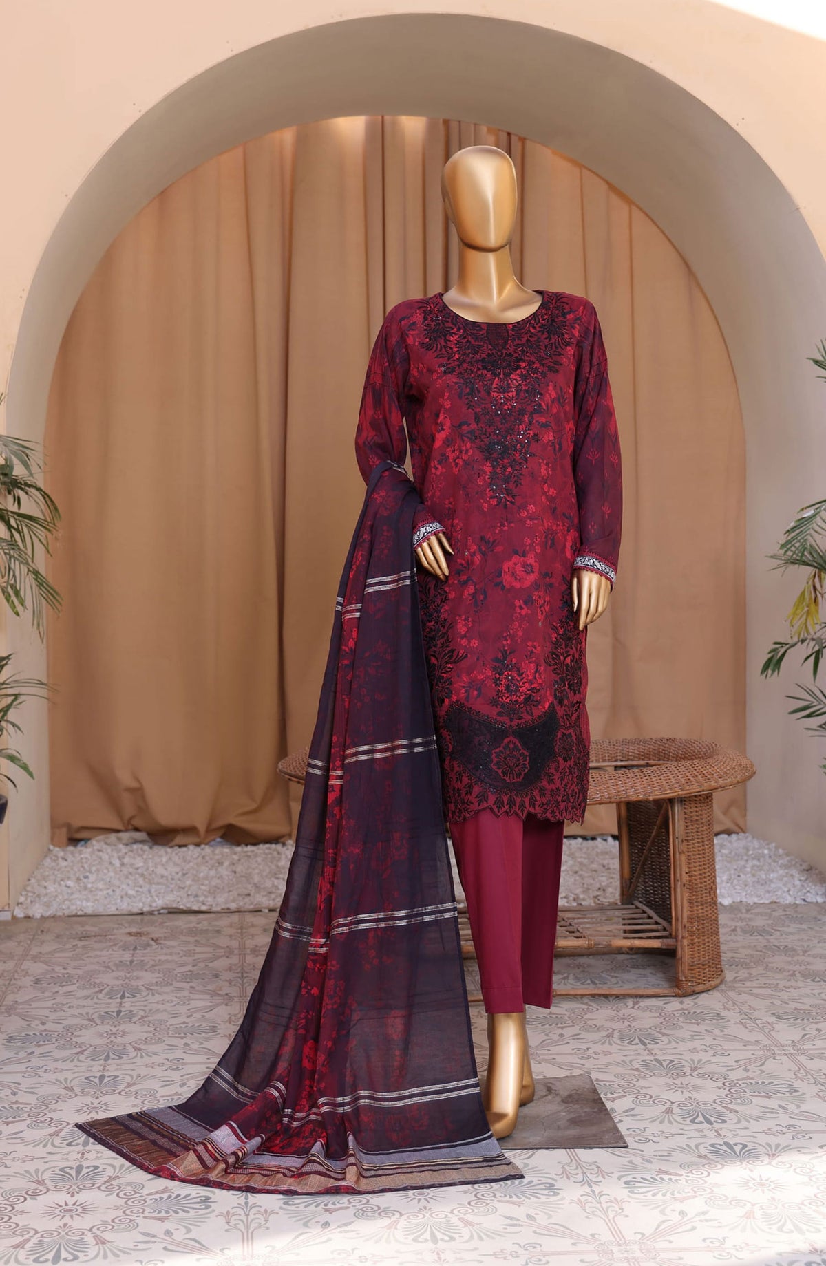 HZ Mahee Embroidered Shirt with Fancy Jacquard Dupatta Coll D-07